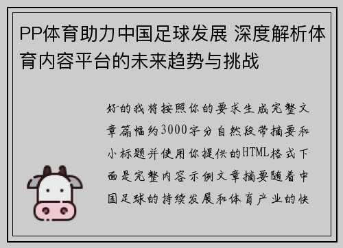 PP体育助力中国足球发展 深度解析体育内容平台的未来趋势与挑战